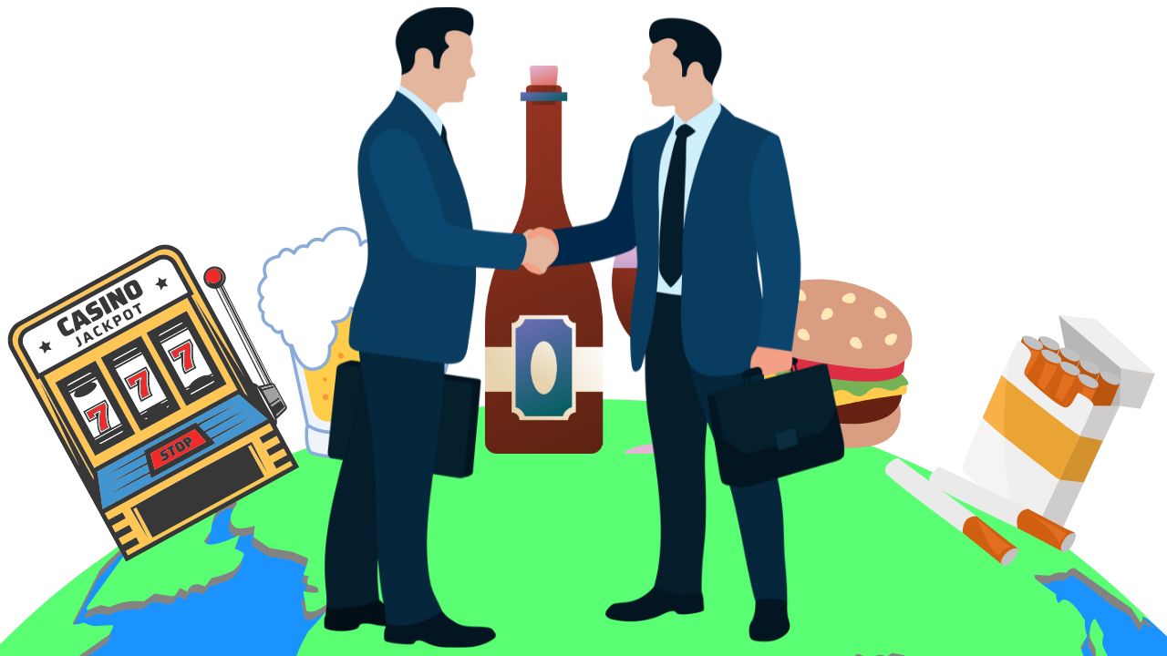 Illustration, in der sich zwei Geschäftsleute die Hand reichen. Sie stehen auf einem Globus, auf dem verteilt ein Spielautomat, Bier, Wein, Hamburger und Zigaretten zu sehen sind.