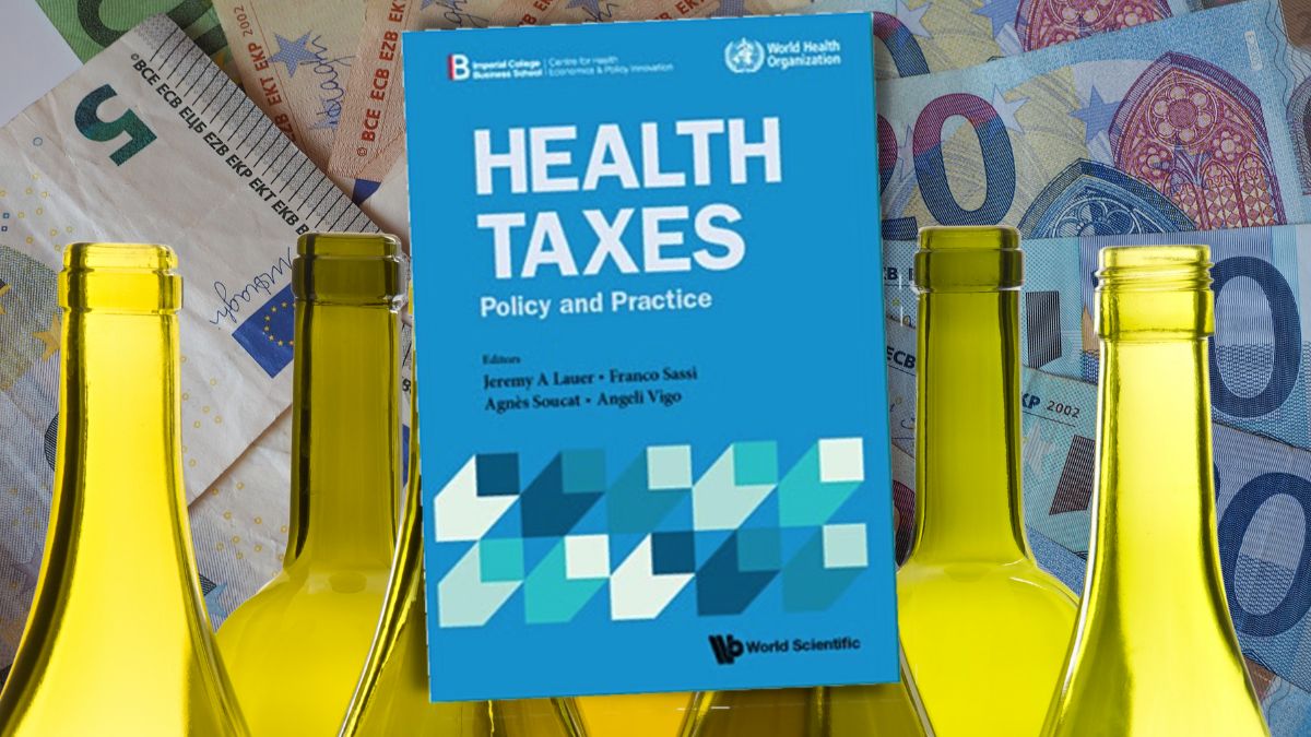 Buchtitel "Health Taxes" vor Weinflaschen und Euroscheinen