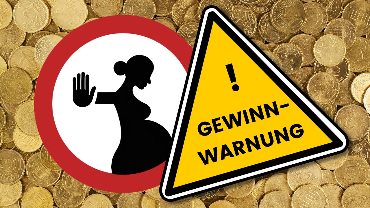 Rotes rundes Verbotsschild mit Silhouette einer schwangeren Frau, die die Hand zum Stopp hebt, daneben gelbes Warndreieck mit Ausrufezeichen und Text 'GEWINN-WARNUNG' vor einem Hintergrund aus Euro-Münzen.