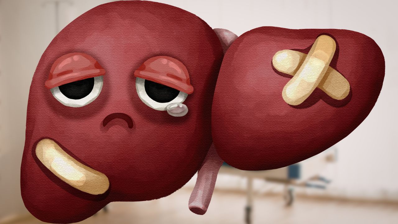 Illustration einer traurigen, anthropomorphen Leber mit menschlichem Gesicht, Träne im Auge und einem Pflaster auf dem Organ. Im Hintergrund ist ein verschwommener Krankenhausraum zu erkennen.