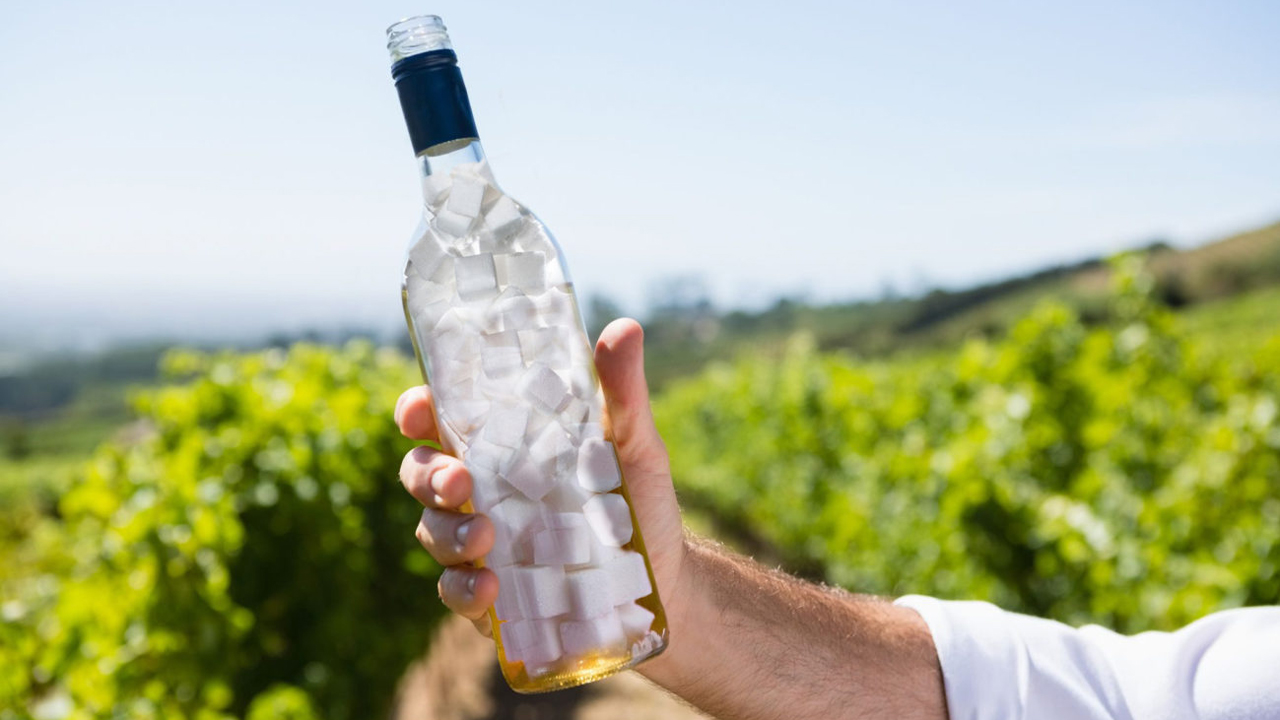 Männerarm hält eine mit Zuckerwürfeln gefüllte Weinflasche auf einem Weinberg in die Luft.