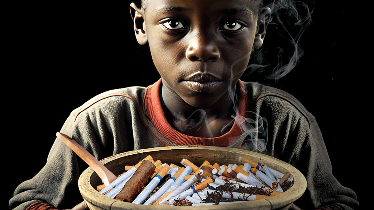 Traurig blickender Junge hält eine Schale mit qualmenden Zigaretten vor seiner Brust.