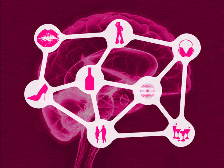 Grafik mit magentafarbenem Gehirn im Hintergrund und einem weißen Netzwerk aus Verbindungslinien, an deren Knotenpunkten pinkfarbene Partysymbole abgebildet sind: Lippenabdruck, Tanzender Mensch, Kopfhörer, Cocktails, Discokugel, tanzendes Paar, High-Heel-Schuh und Flasche.