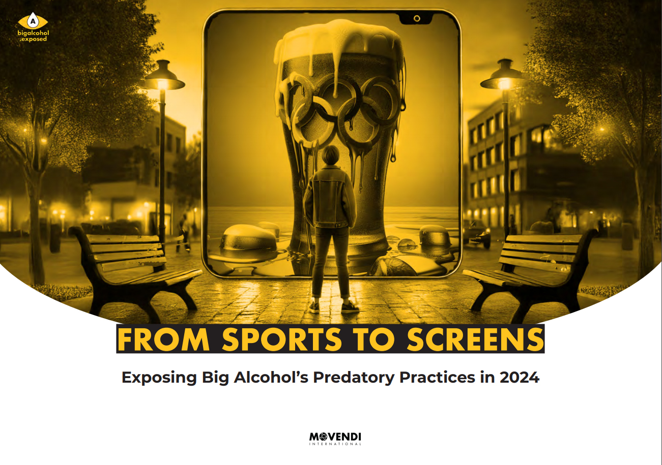 Titelseite des Berichts 'From Sport to Screens - Exposing Big Alcohol's Predatory Practices in 2024'.