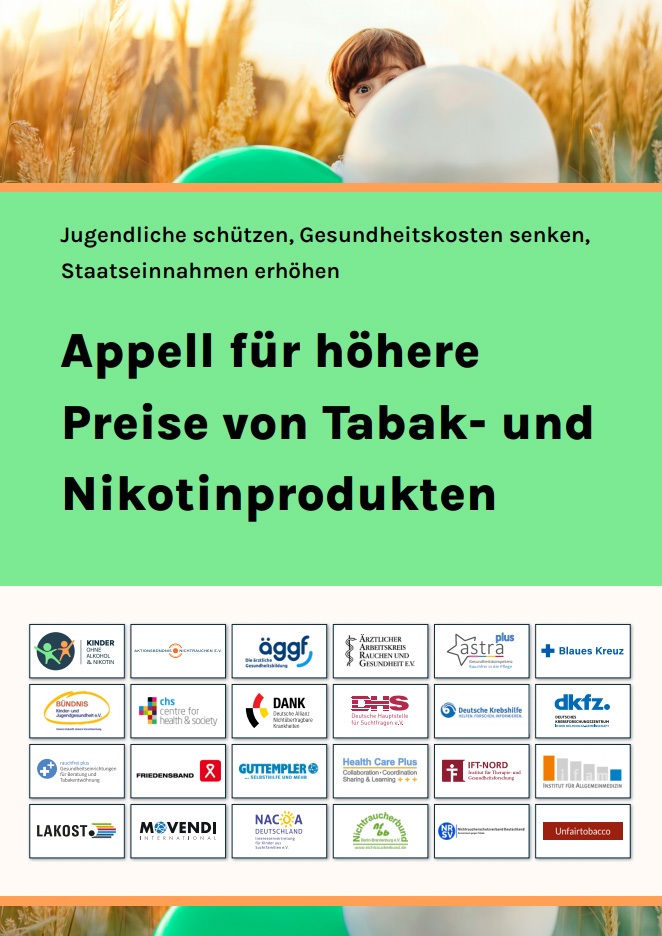 Titelseite des Appells für höhere Preise von Tabak- und Nikotinprodukten