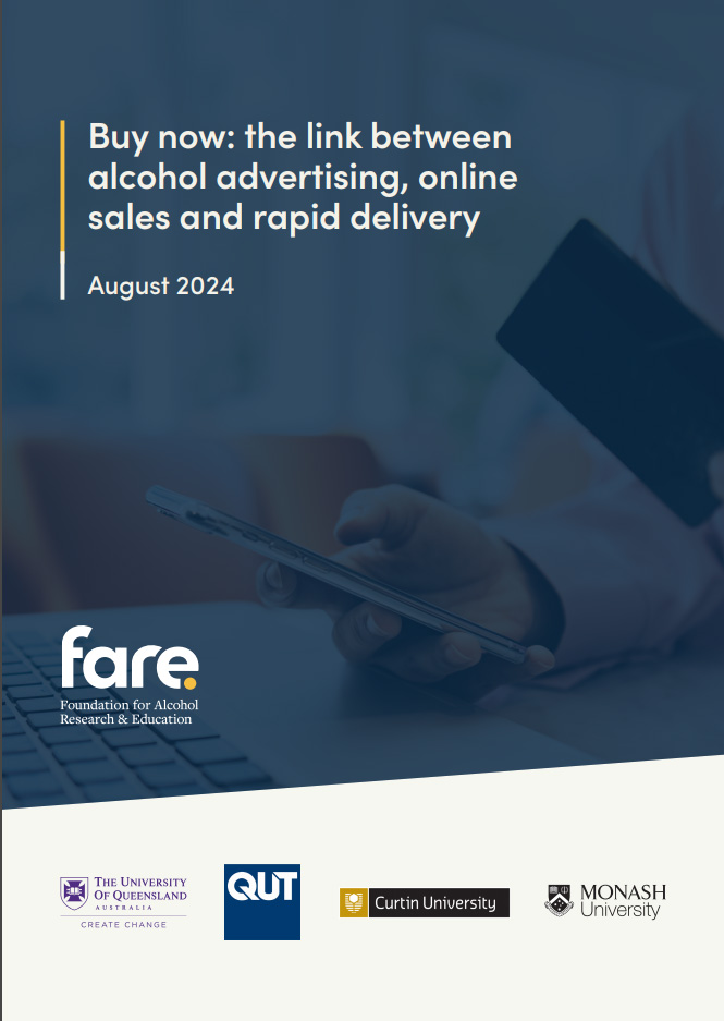 Titelseite des Berichts 'Buy now – the link between alcohol advertising, online sales and rapid delivery'.