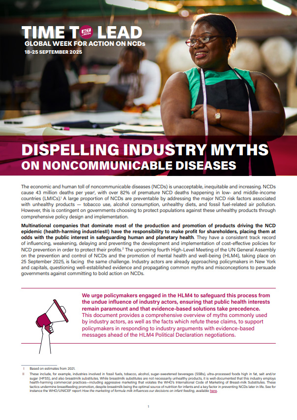 Titelseite 'Dispelling Industry Myths on Noncommunicable Diseases'.