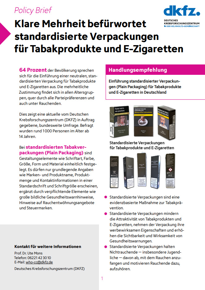 Titelseite des DKFZ-Policy Briefs 'Klare Mehrheit befürwortet standardisierte Verpackungen für Tabakprodukte und E-Zigaretten'.