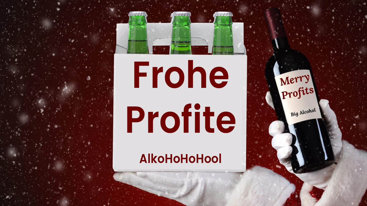 Weihnachtsmann hält Geschnekkarton mit Alkoholflaschen - Aufschrift Frohe Profite
