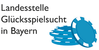 Das Logo der Landesstelle Glücksspielsucht in Bayern zeigt drei übereinander gestapelte blaue Jetons sowie einen daran angelehnten Jeton.